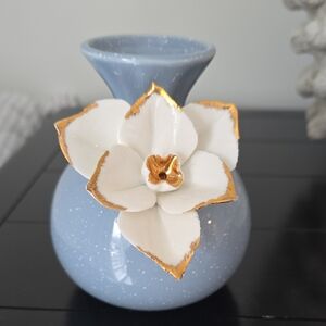 Anthropologie Blue Vase with White Flower and Gold Trim